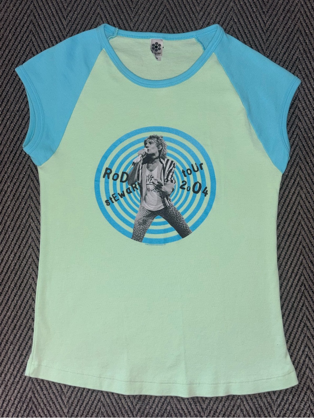 2004 Rod Stewart Tour Baby Tee Light green and blue Y2K Deadstock